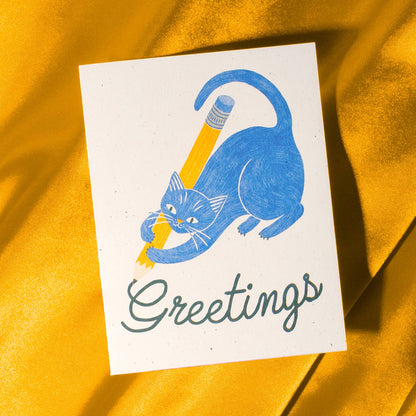 Greetings Pencil Cat Risograph Card · Bromstad Printing Co.