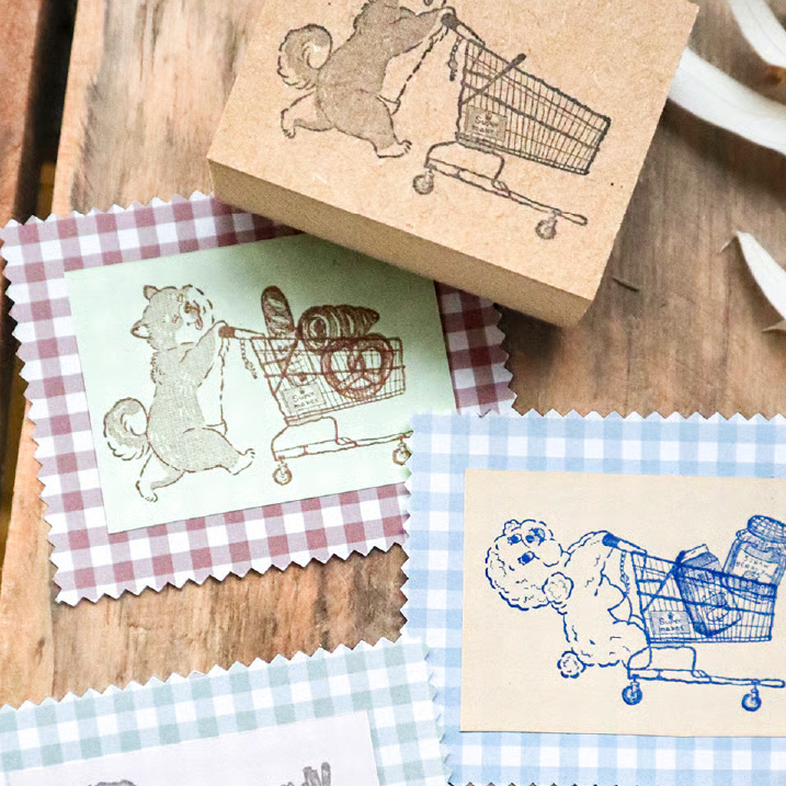 Toy Poodle Shopping Cart Wooden Stamp・Keibunsha & meriBUN