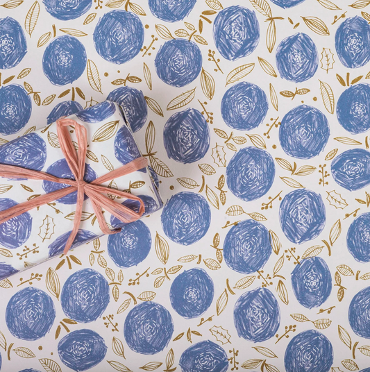 Large Round Floral Pattern Blue Wrapping Paper · Regaro Papiro