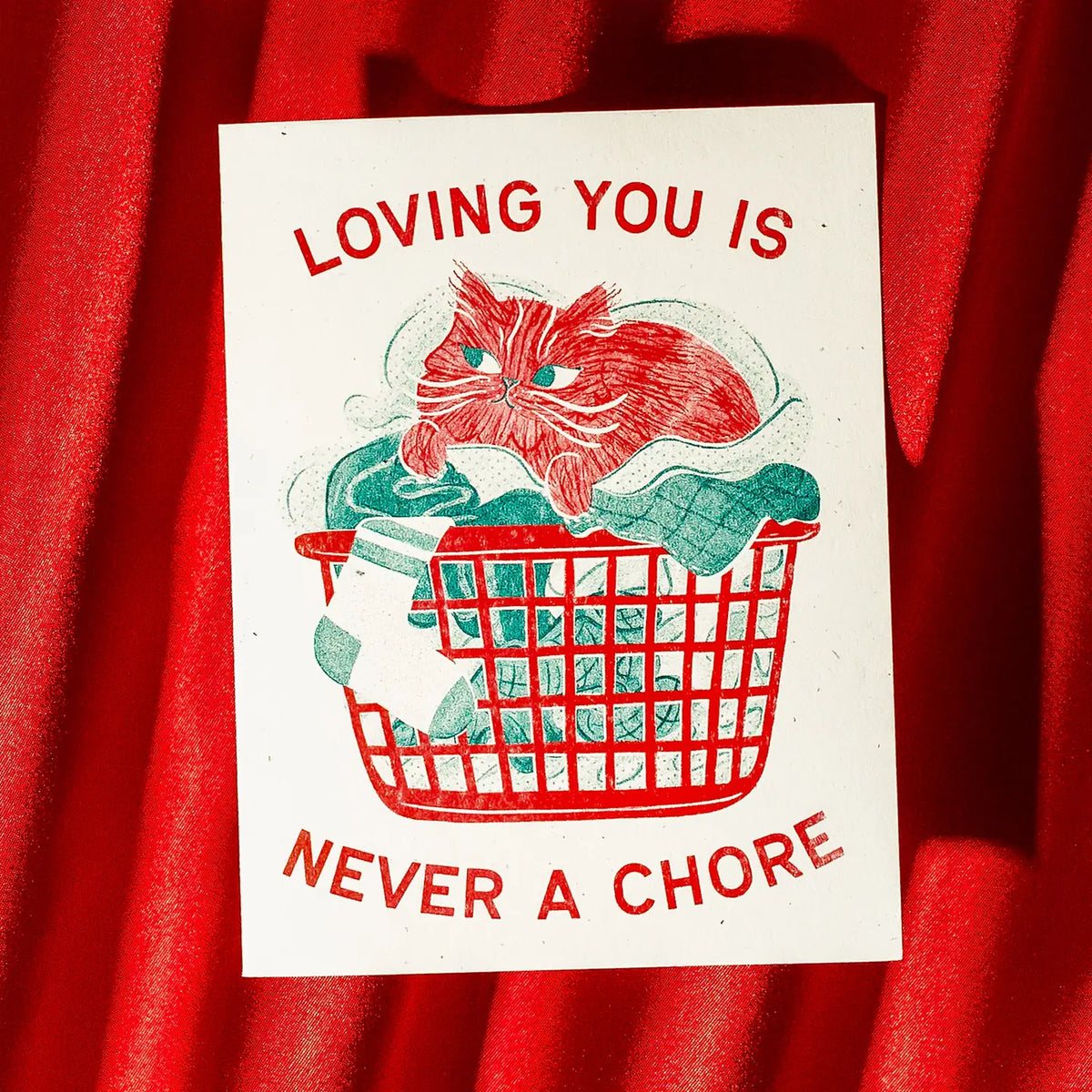 Never A Chore Cat Risograph Card  · Bromstad Printing Co.
