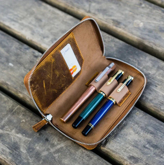Brown 3 Slots Leather Zippered Pen Case · Galen Leather Co.