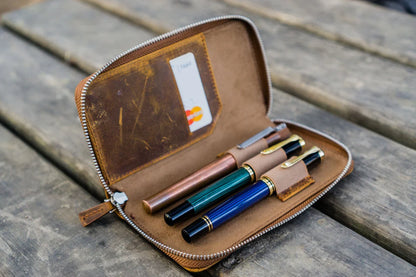 Brown 3 Slots Leather Zippered Pen Case · Galen Leather Co.