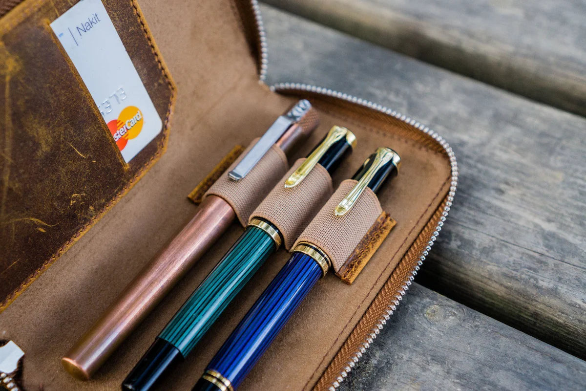 Brown 3 Slots Leather Zippered Pen Case · Galen Leather Co.